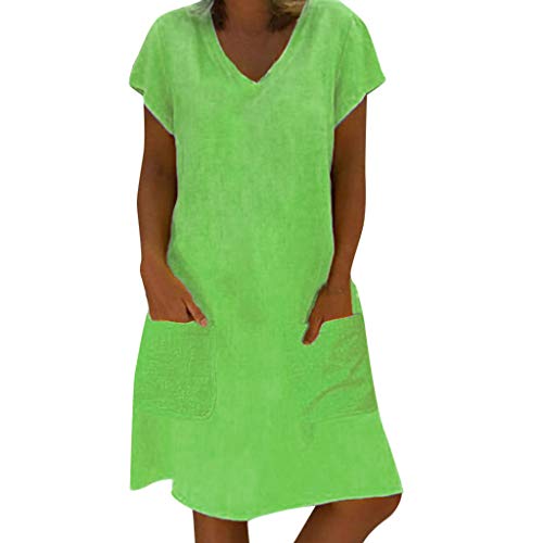 Sharemen Women Cotton Linen Shirt Dress V-Neck Short Sleeve Casual Loose Plus Size Summer Boho Dress(Green,L)