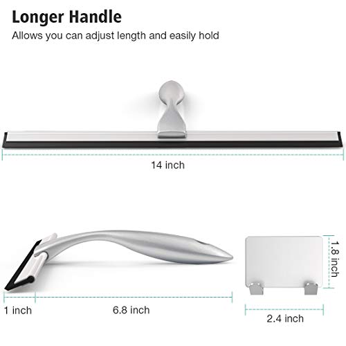 LPOLER Shower Squeegee, Stainless Steel Bathroom Squeegee Cleaner with Detachable 14 Inch Blade 6.8 Inch Longer Handle and Hook for Shower Doors, Glass Window, Mirror and Car Glass - (Silver)