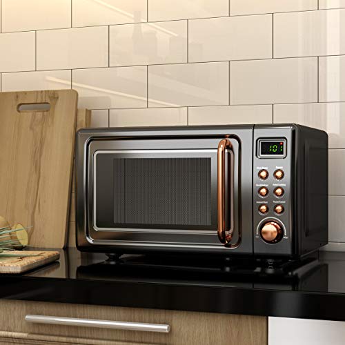 COSTWAY Retro Countertop Microwave Oven, 0.7Cu.ft, 700-Watt, Cold Rolled Steel Plate, 5 Micro Power, Delayed Start Function, with Glass Turntable & Viewing Window, LED Display, Child Lock (Gold) - Thumbnail 5