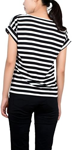 HIYIN Womens Round Neck Striped T Shirt Black And White Stripes Rolled Short Sleeves Heavy Cotton Casual Tops