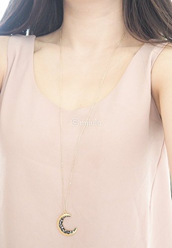 Gold Plated Crescent Moon Encrusted With Simulated Black Diamond Crystals Jewels Long Necklace