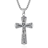 Aprila Men Wrench Cross Necklace,Stainless Steel Black Silver Crucifix Jesus Pendant Necklace Baptism Christian Jewelry,60cm Rolo Chain
