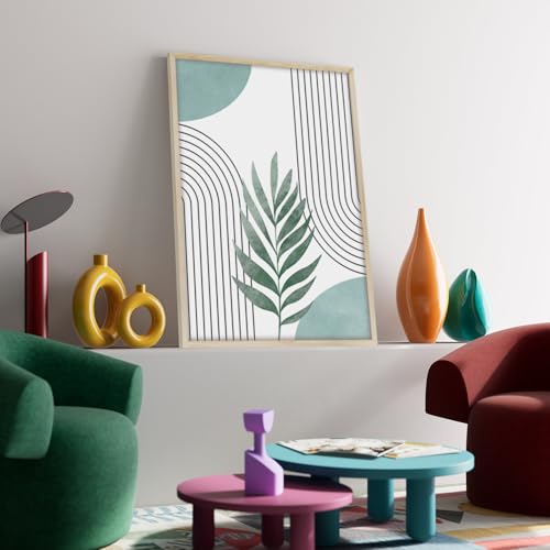 hyidecorart Wooden Frame Boho Sage Green Pictures Decoration Living Room Modern, 3 Pieces Abstract Lines Nordic Simplicity Plant Leaves Bedroom Kitchen Dining Room Office and Bathroom