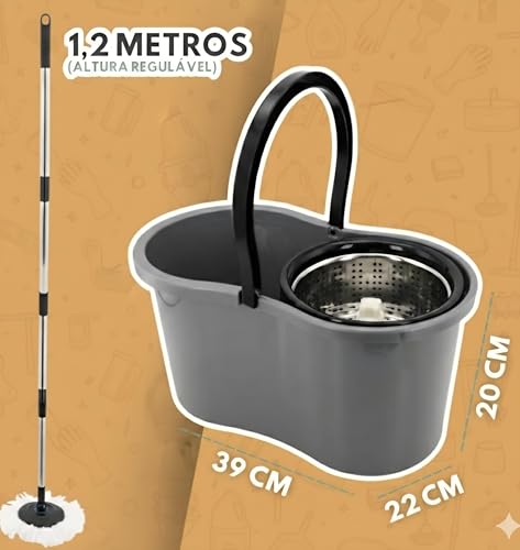 Mop Giratório Balde 9l Cesto inox Reforçado +2 Refis Microfibra Premium Plus- Esfregão Lava e Seca 360 Original