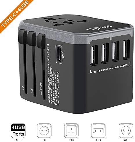 Universal Travel Power Adapter,5.6A Smart Power USB and 3.0A- 5 USB Ports (4 USB Type A +1 USB Type C) Wall Charger, Worldwide AC Outlet Plugs Adapters For USA EU UK AUS -Covers 150 Countries(Grey)