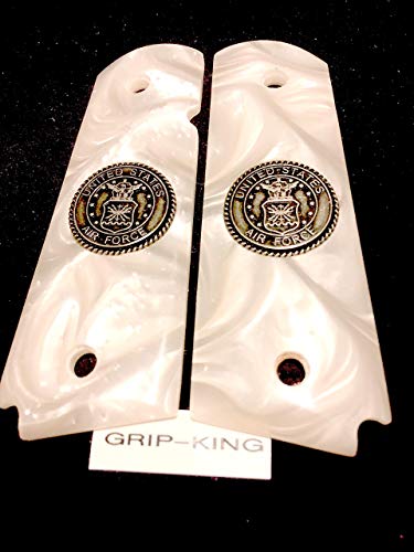 1911 GRIPS SALE $37.73. BUY-OUT. U.S. AIR FORCE. ALL METAL MEDALLIONS FITTED IN DEEP SHINE HI-LUSTER PEARL. FITS SIG,SPRINGFIELD S & W, COLT KIMBER,RUGER,TAURUS,PARA,WILSON,CLONES. MADE IN U.S.A.