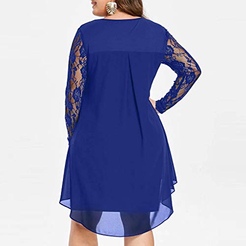 Women's Casual Plus Size Dress Sheer Lace Sleeve High Low Hem Dress O-Neck Swing Dress Blue - Thumbnail 3