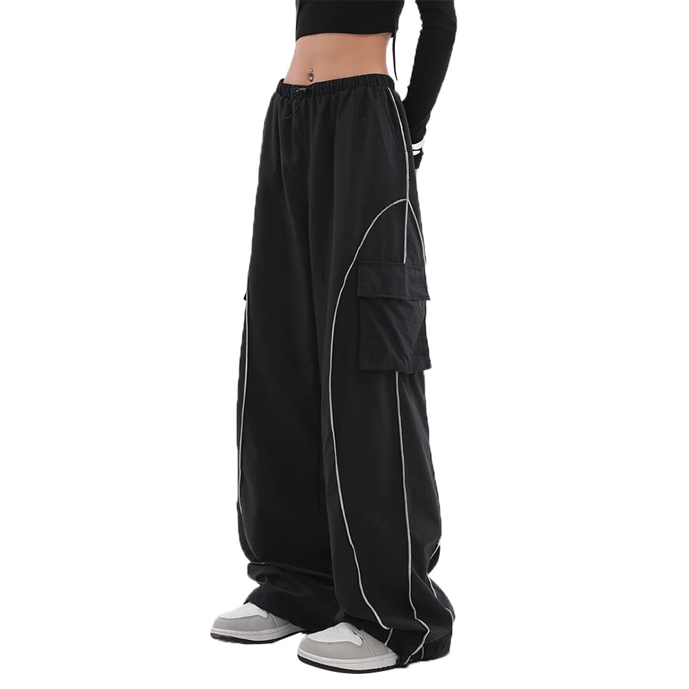 Photo 1 of FENGQIYUNHAI Y2K Parachute Track Pants for Women Low Rise Baggy Wide Leg Cargo Pants for Women Black