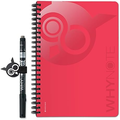 Whynote A5 Lined Reusable Notebook with Pen and Pen Holder, Red