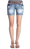 WallFlower Juniors Belted Mid Thigh Destructed Denim Shorts