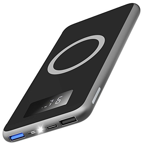 TOZO Quick Charge Wireless Power Bank 12000mAh, LED Digital Display Quick Charge 3.0 44W 2-Port USB +Type C Output for iPhone X/8/8 Plus, iPad, Samsung Galaxy S8 S8+ and More [Black]