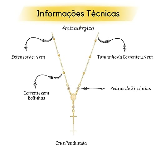 Colar Terço Rosário com Cruz Semi Joia Banhado Ouro 18k - Religioso Católico - Corrente 45cm - Antialérgico - Presente Feminino - Stella Semi Joias