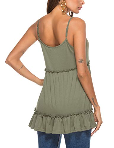 Womens Casual Ruffle Cami Summer Spaghetti Strap Tank Sleeveless Peplum Tops Army Green XL