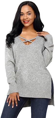 Women's Lace Up V Neck Sweater Stretchy Knit Pullover Tops Casual Loose (XL (US 16-18), Gray)