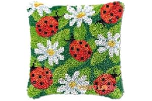 ROCKY&CHAO Latch Hook Kits Pillowcase Embroidery Kit, Latch Hook Cushion Cover for Adults and Beginners, Pillow Cover Sofa Cushion Cover Craft Kits, Ladybug 43 X 43 cm