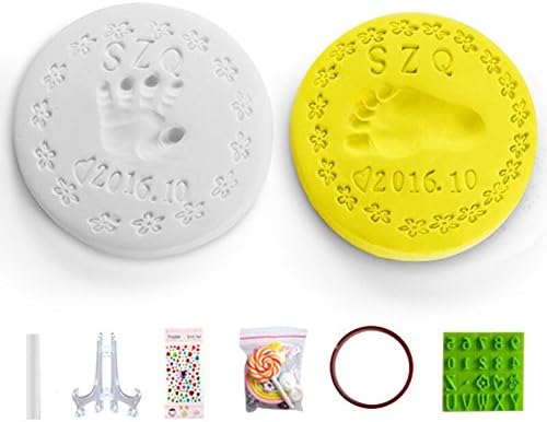 XUPNG Unique Handprint&amp;Footprint Keepsake Kit ,Best Baby Shower Gifts for Registry,Memorable Keepsakes Decorations-2 pcs Premium Clay,Comes With 2 Easels,2 Decorations Plus Letter Mold Kit (Yellow)