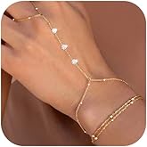 Emibele Gold Bracelets for Women, 18K Gold Plated Hand Chain, Cubic Zirconia Stainless Steel Non Tarnish Hand Chain Bracelet with Finger Ring, Adjustable Trendy Jewelry Valentines Day Gifts for Women