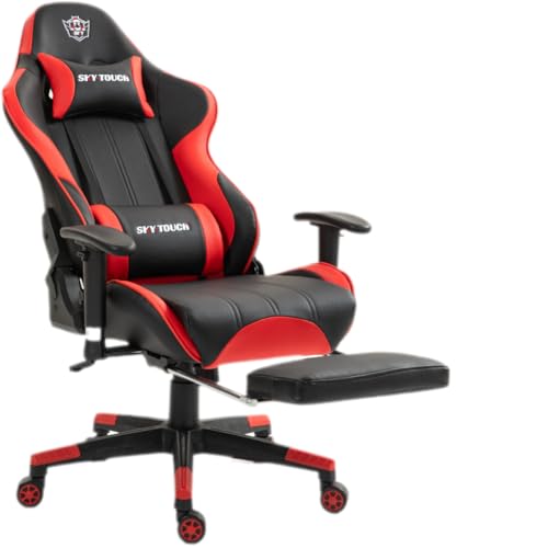SKY-TOUCH New Upgrade Ergonomic Gaming Chair,Height Adjustable Computer Gaming Chair with Footrest,Adjustable Armrests,Fulled PU Leather, Swivel & Tilt,54x52x132cm, Red