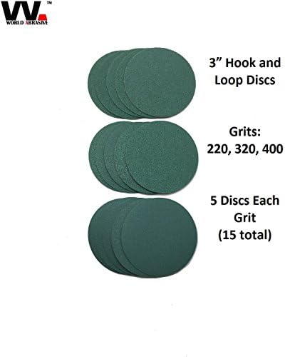 World Abrasive – Premium (Wet/Dry) – 15 Pcs Variety (Grits: 220/320/400) - 3 inch No Hole Film Hook and Loop Sandpaper Discs for Orbital Sanders (Auto, Marine, Aircraft, Wood, Metal, Plastic)