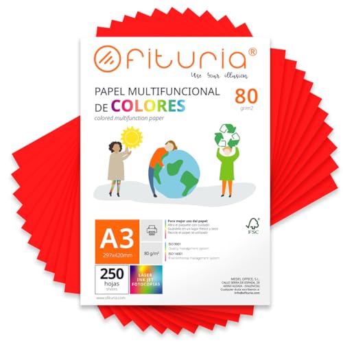 Coloured Sheets, Pack 250 Sheets A3 80 g – Coloured Paper for Crafts, Printer, Scrapbooking – Folios Colours – Ideal Origami, Papiroflexia, Office and School (Red, 250h)