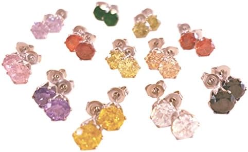 Niche-Finds 12 Multi-color Pairs 8mm Stainless Steel Stud Earrings CZ Studs