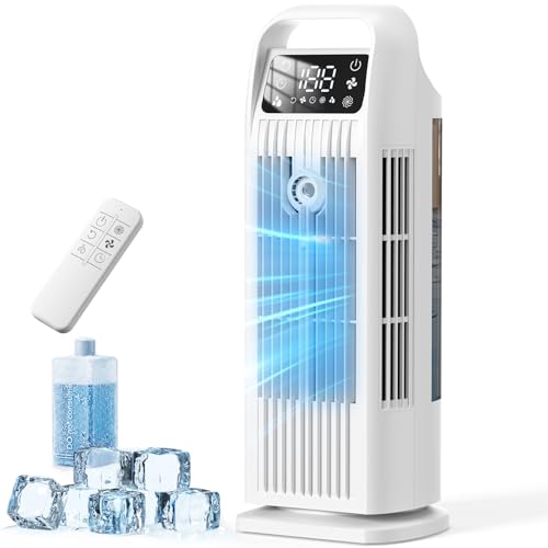 Portable Air Cooler, 6 in 1 Air Conditioner 1200ML Evaporative Air Cooler with Remote Control, 120° Oscillating 4 Speeds 12H Timer Mist Spray Tower Fan for Home Office（Off White）