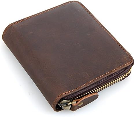 Horiya Men's Cowboy Natural Crazy Horse Leather Bifold Wallet Purse with Zipper Pocket(Light Brown)