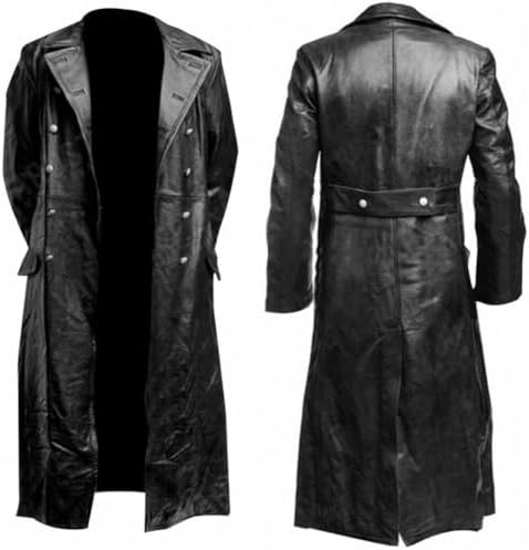 Amazon.com: 男款復古經典WW2 軍官軍服黑色皮革風衣夾克長風衣摩托車