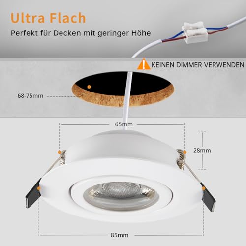 wowatt LED Spotlights, 230 V, Dimmable, 5.5 W Recessed Spotlights, LED, White, Replaces 60 W Halogen Ceiling Spotlights, 68 mm, Swivelling, Ultra Flat, IP44, Bathroom Recessed Lights, 2800 K, Warm