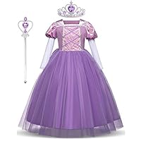 LENSEN Tech Princess Rapunzel Dress with Mace Crown Party Long Sleeve Costume (Purple/Accessory, 3T)