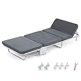 QTT Folding Guest Single Bed, Foldable Lounge Chair Portable Fluff Mattresses with Adjustable Backrest and Free Pillow (Gray)