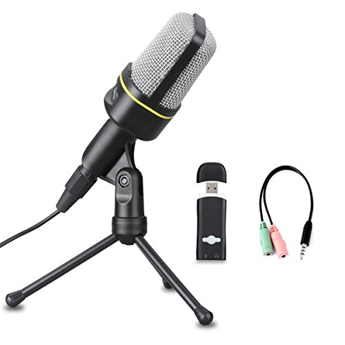 Excelvan Condenser Microphone Black SF-920 3.5mm Desktop Microphone with Volume Control and Tripod Stand Broadcasting Recording Podcasting Studio Mic for Mobile Phones, Laptops, Desktop Black