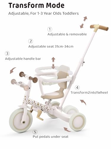 newyoo Lume TR008 Tricycle for Toddlers 1-3, 5-in-1 Push Bike with Parent Handle & Safety Guard, Convertible Balance Bike, Ideal Gift for 1-3 Year Olds, Ivory