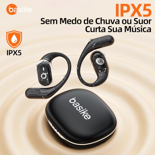 Fone De Ouvido Bluetooth Esportes, Basike T6, IPX5/OWS Fone de Ouvido Estéreo Hi-Fi, Suporta Chamadas de Voz, 60 Horas em Standby Para Corrida e Exercícios ao Ar Livre (Preto)