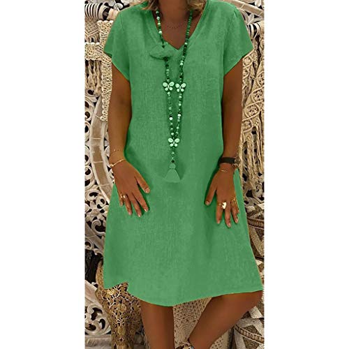 Sunmoot Casual Linen Loose Plain Simple Dress for Women, Plain Simple Solid V-Neck Plus Size Midi Dress - Thumbnail 3