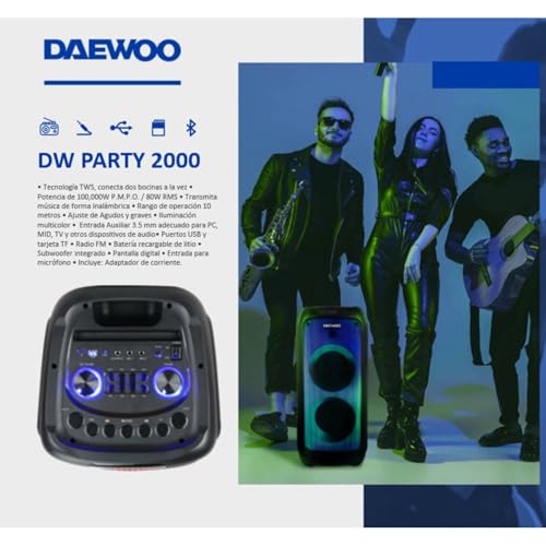 Select Sound Daewoo Bocina Bluetooth Partybox Portatil con Subwoofer, Bocina Portatil Bluethooth Recargable Tipo Bocinas para Fiesta Karaoke Interior Exterior