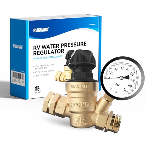 RVGUARD RV Water Pressure Regulator Valve With An Adjustable Knob, Tool-Free, CSA Approved, Lead-Free Brass Water Pressure Reducer with Gauge and Inlet Screen Filter for RV Camper Travel Trailer