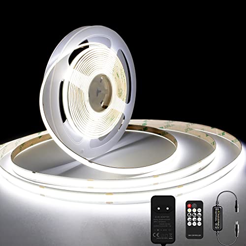 TTWAY COB LED Streifen Kaltweiß 6000K, 10M Dimmbares DC24V Flexibles COB LED Streifen Licht Set, 384LEDs/M, GS Netzteil und RF Fernbedienung, CRI90+ H