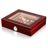 Volenx Desktop Cigar Humidor Case Glasstop Cigar Storage Box, Cherry Finish with Hygrometer and Humidifier Holds 25 Cigars