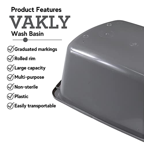 Vakly Rectangular Plastic Wash Basins - 5 Pack, Small 7 Quart Graduated Bucket - Portable Washbasin for Washing, Cleaning, Foot Bath, Dishes, Face Cleansing Bowl