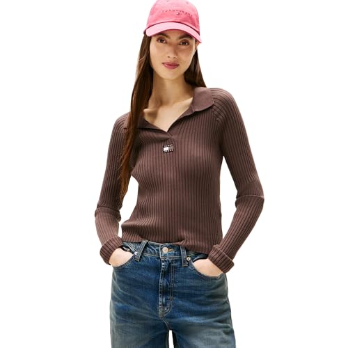 Tommy Jeans Womens Long Sleeve Ribbed Polo Sweater,Black Walnut X-Small