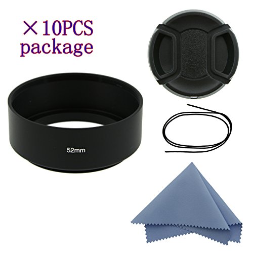 SIOTI Camera Standard Focus Metal Lens Hood + Cleaning Cloth + Lens Cap for Nikon Canon Sony Fuji Pentax Sumsung Leica Standard Thread Lens (52mm10PCS)