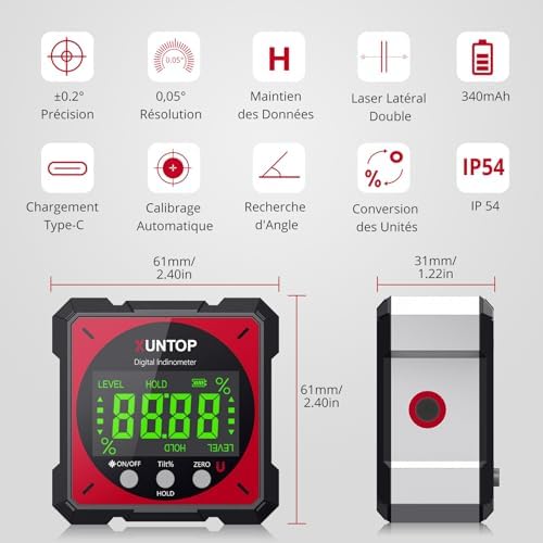 Inclinomètre Numérique Laser 4×90° Magnétique Rechargeable （Rouge）