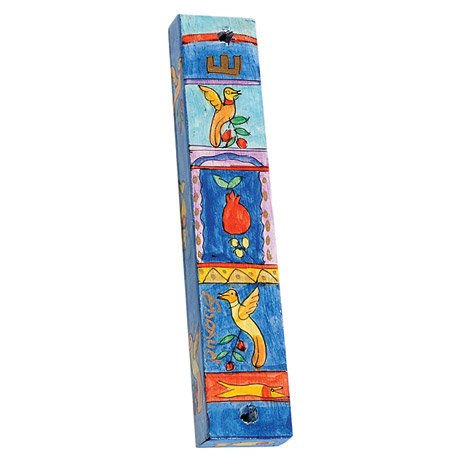 Mezuzah Scroll Case For Door - Yair Emanuel SMALL WOODEN MEZUZAH BIRDS AND POMEGRANATES (Bundle)