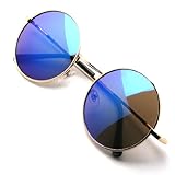 John Lennon Inspired Sunglasses Round Hippie Shades Retro Colored Lenses (Gold Blue Ice)