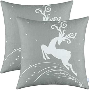 CaliTime Pack of 2 Soft Canvas Throw Pillow Covers Cases for Couch Sofa Home Decoration Christmas Holiday Reindeer Jump with Stars Print 16 X 16 Inches Medium Grey