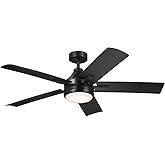 Kichler 52 Inch Tide 5 Blade LED Outdoor Ceiling Fan with Etched Cased Opal Glass in Satin Black with Black Blades and Remote