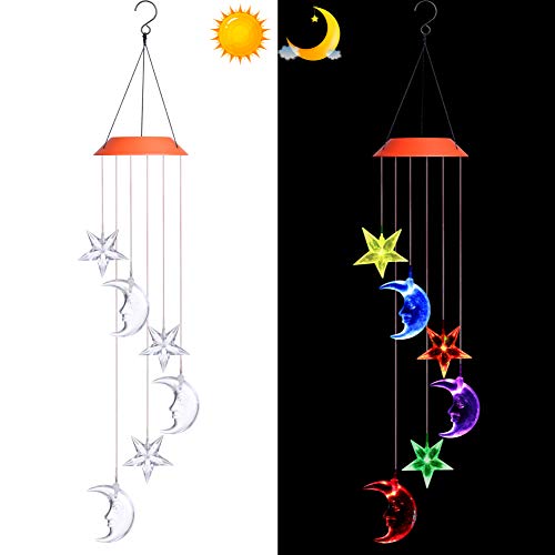 YUMAMEI Solar Wind Chimes Lights, Outdoor Moon and Star Solar Lights, Mobile Wind-Bell, Waterproof Color Changing Wind Chimes, Spiral Spinner Festival Garden Decoration (Moon & Star)