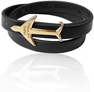 Cristina Ramella GOLD Airplane Leather Band Bracelet (Black Leather)