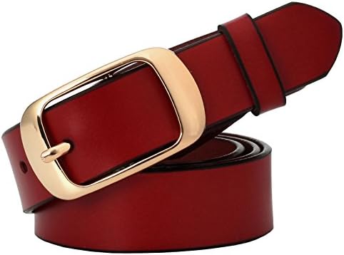 Aecibzo Women's Genuine Leather Belts for Jeans Pants with Alloy Buckle (110cm/Fit waist 34”-36”, Red-gold)